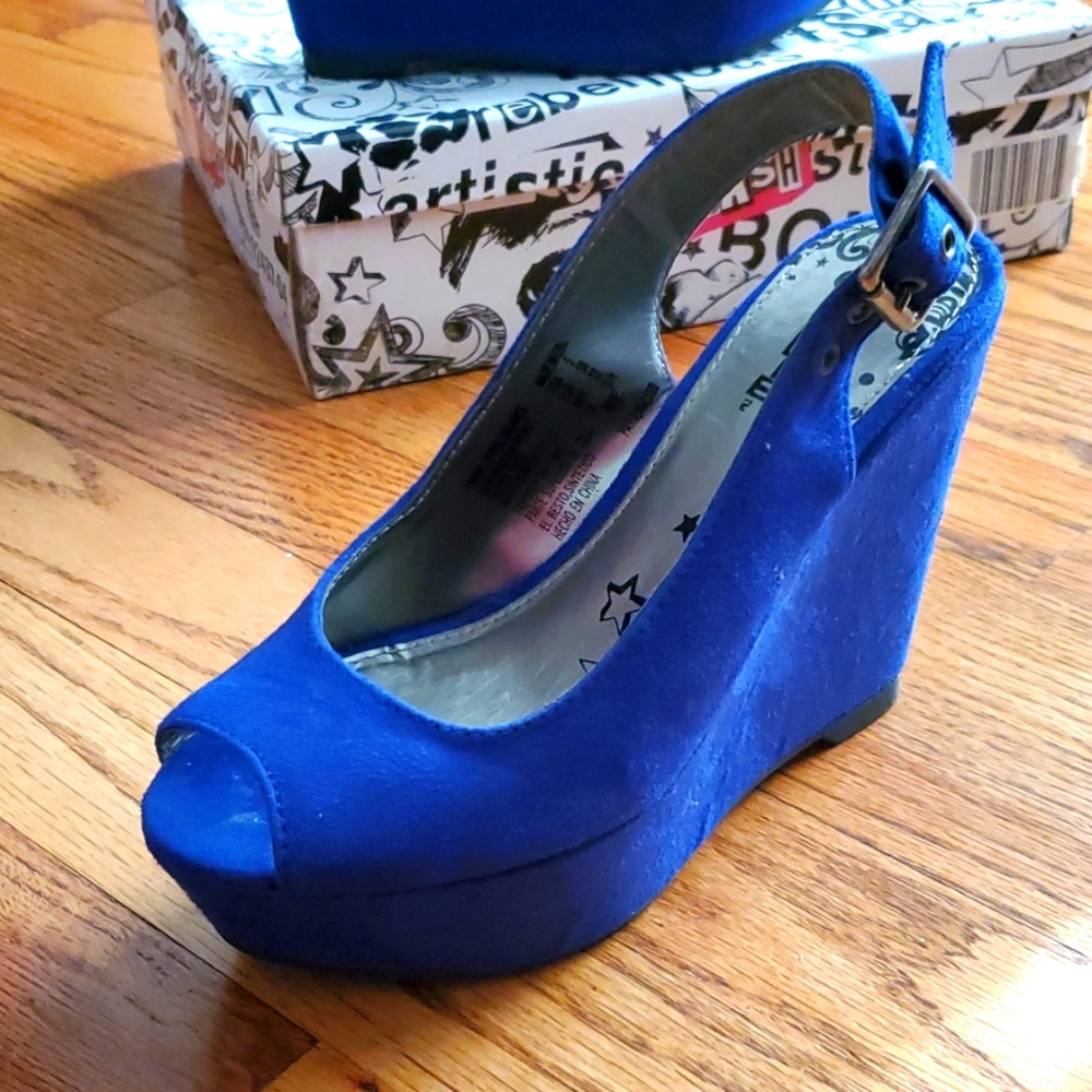 Brash Blue Suede Wedge Heels